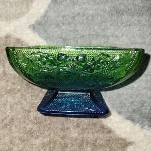 Vtg Jeanette Glass Blue Green Ombré Acorn Oak Leaf Square Candy Dish